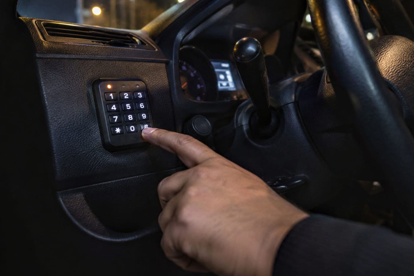 A hand entering a code on a keypad inside a vehicle